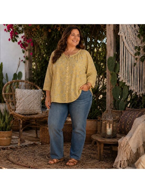 Chaps Tops - Chaps Yellow Floral Womens 3/4 Sleeve Button Up Top XXL 100% Cotton Boho Peasant